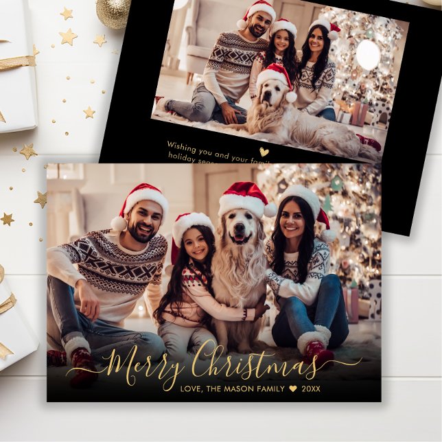 Simple Modern Gold Script 2 Photo Christmas Holiday Card (Creator Uploaded)