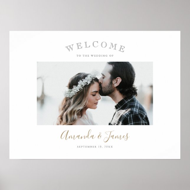 Simple Modern Gold Script Photo Wedding Welcome Poster (Front)