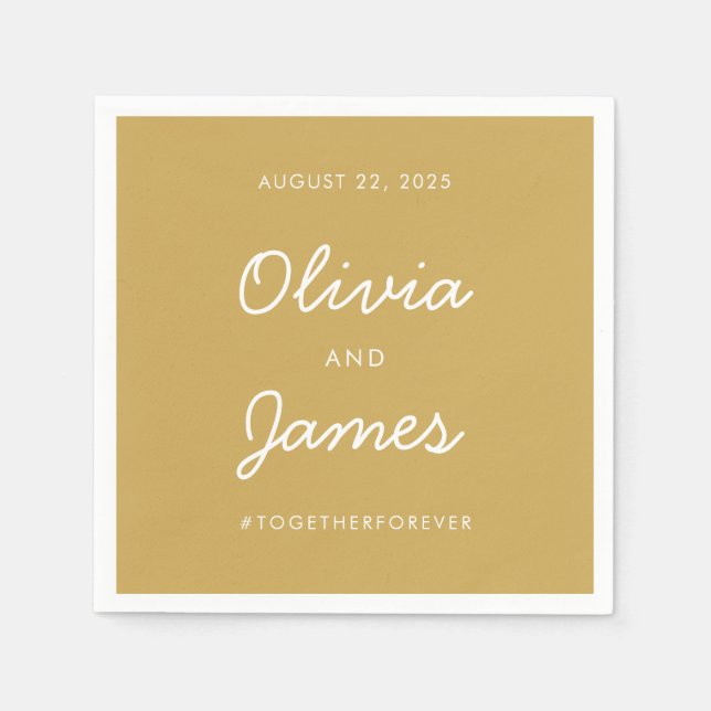 Simple Modern Gold White Script Wedding Hashtag Napkin (Front)