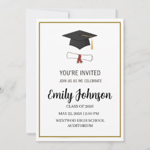 Simple Modern Graduation Cap & Diploma Party  Invitation