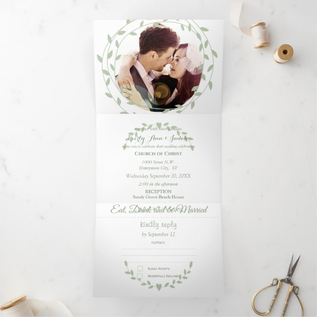Simple Modern Green Ash Wedding  Tri-Fold Invitati Invitation (Inside)