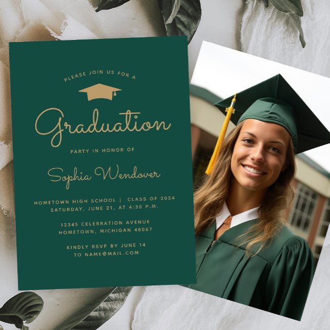 Simple Modern Green Gold Graduation Party Invitation (Creator Uploaded)