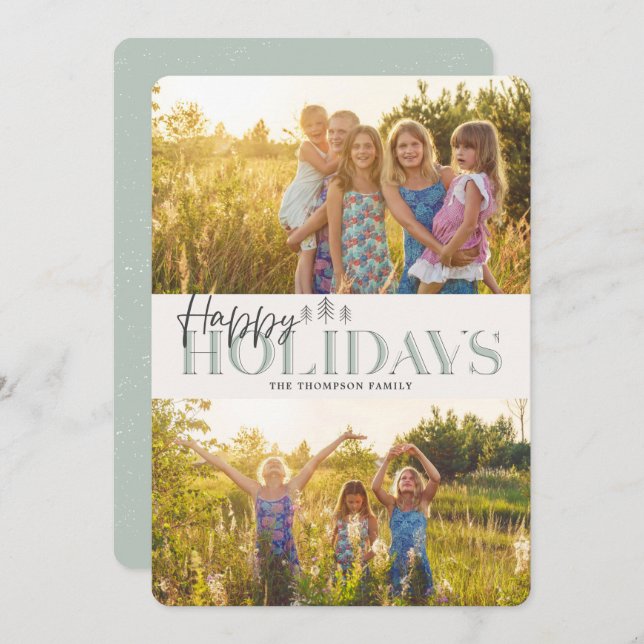 Simple Modern Green Happy Holidays Two Pictures Holiday Card (Front/Back)