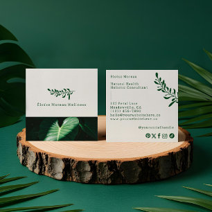 Simple Modern Green Leaf Botanical Spa Wellness  Square Business Card