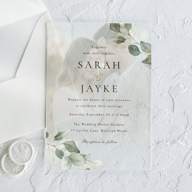 Simple Modern Green Leaf Portrait Wedding Acrylic Invitations (Creator Uploaded)