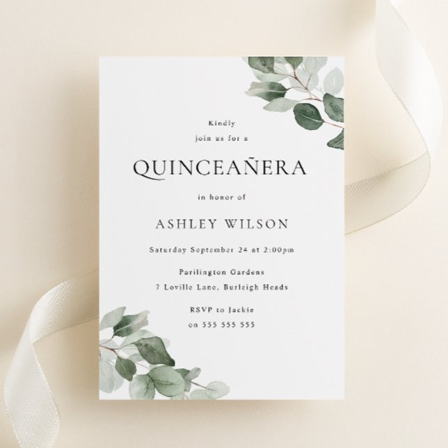 Simple Modern Green Leaf Quinceanera 15th Birthday Invitation (Creator Uploaded)