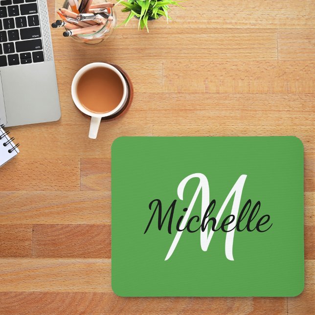 Simple Modern Green Monogram Initial + Name Mouse Pad (Creator Uploaded)