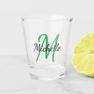 Simple Modern Green Monogrammed Name + Initial Shot Glass