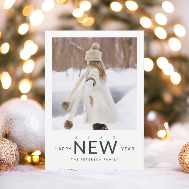 Simple modern green pine New Year typography photo Holiday Card (Simple modern green pine New Year typography photo Holiday Card)