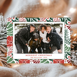 Simple Modern Green Red Pattern Photo Christmas Holiday Card