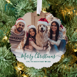 Simple Modern Green Script 2 Photo Christmas Tree Decoration Card