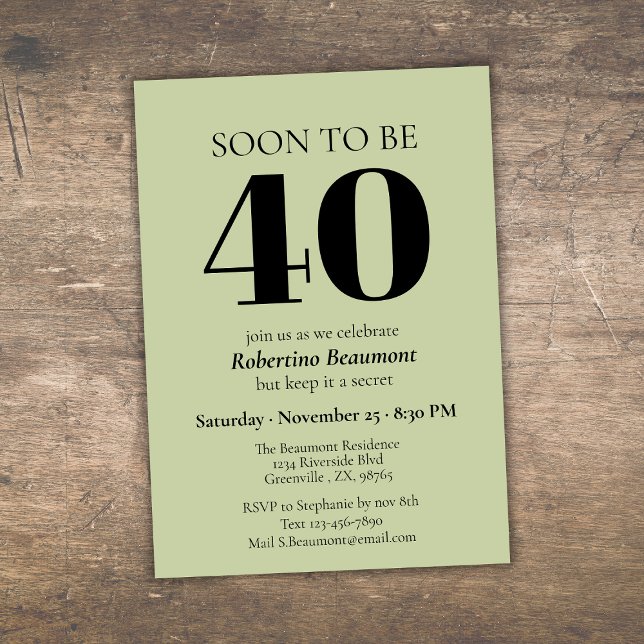 Simple Modern Green Surprise 40th Birthday Party Invitation (Creator Uploaded)
