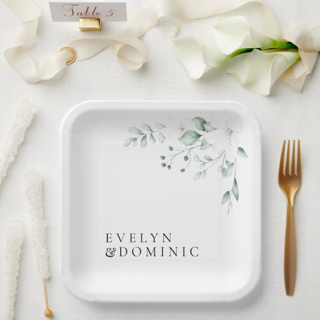 Simple Modern Greenery Foliage Wedding Party Paper Plate (Wedding)