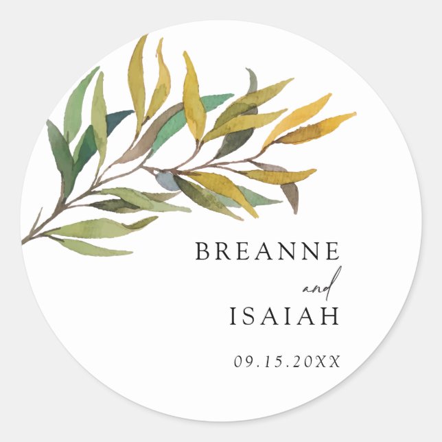 Simple Modern Greenery Wedding Classic Round Sticker (Front)