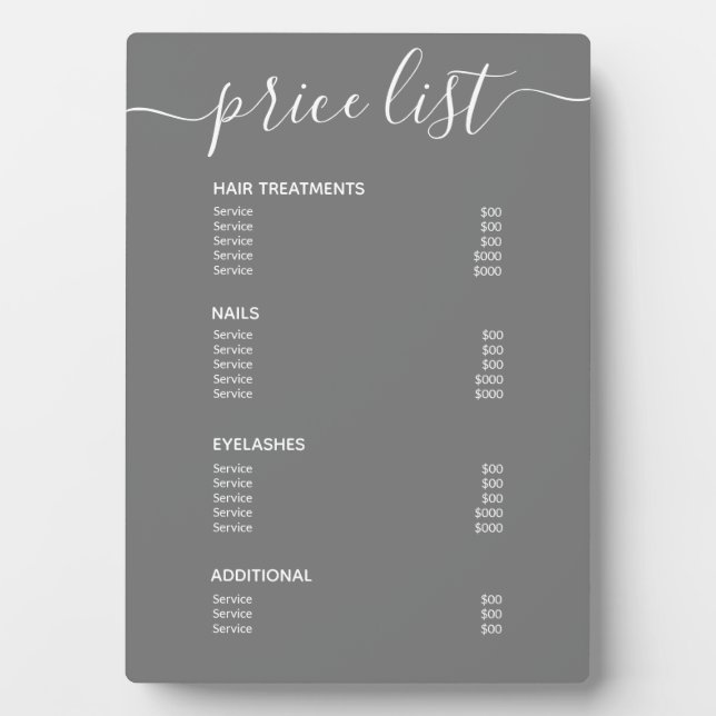 Simple Modern Grey Salon Price List Service Menu Plaque (Front)