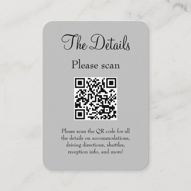 Simple Modern Grey Wedding Details with QR Code Enclosure Card (Front)