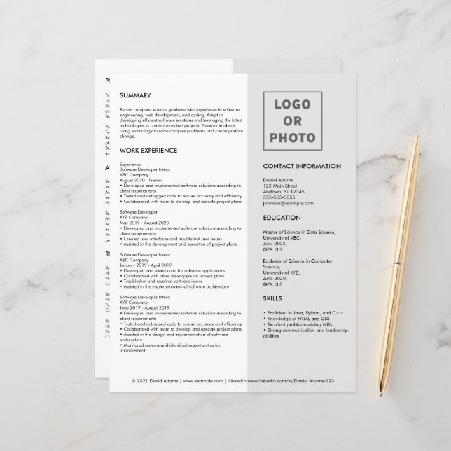 Simple Modern Grey White Grad Resume CV Template  (Front/Back In Situ)