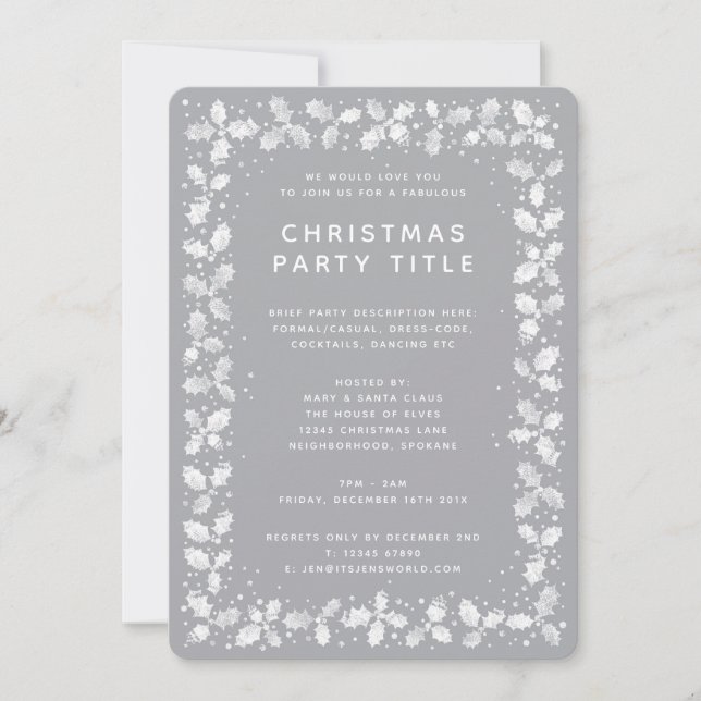 Simple Modern Grey + White Holly Christmas Party Invitation (Front)
