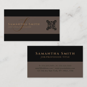 Simple Modern Half Brown Half Black QR Monogrammed Business Card