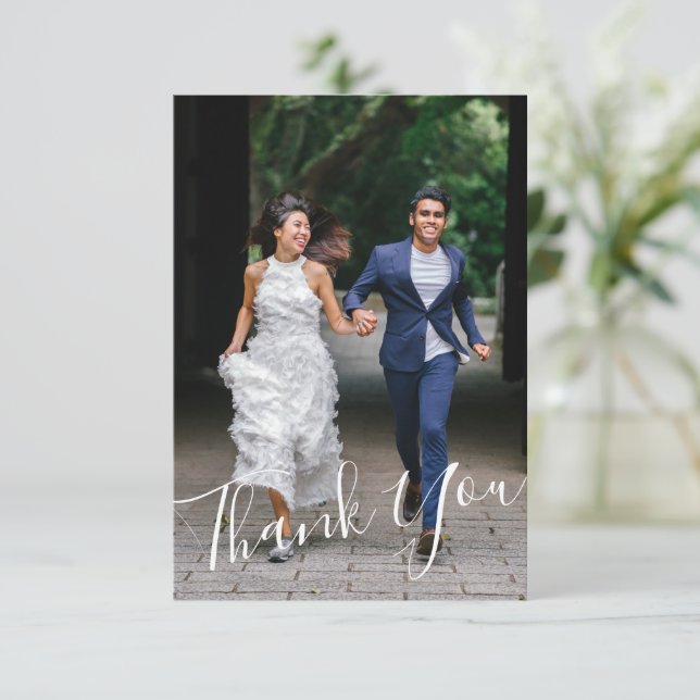 Simple Modern Hand Lettered Wedding 2 Photo Custom Thank You Card (Standing Front)
