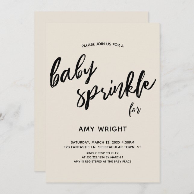 Simple Modern Handwriting Baby Sprinkle Cream Invitation (Front/Back)