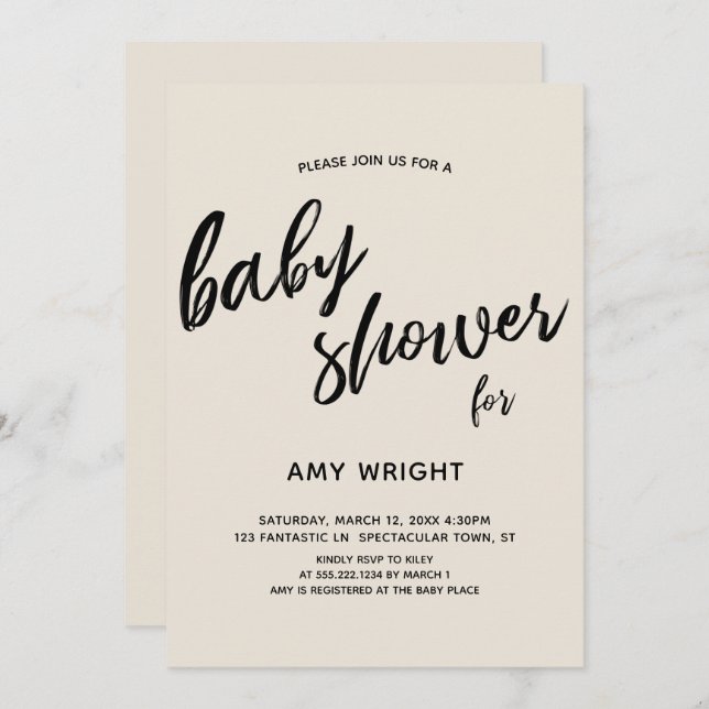 Simple, Modern Handwriting Cream Baby Shower Invitation (Front/Back)