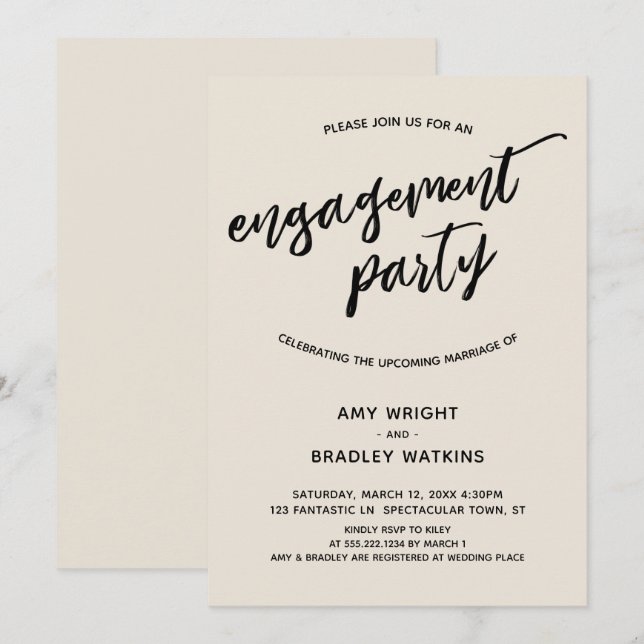 Simple, Modern Handwriting Cream Engagement Party Invitation (Front/Back)