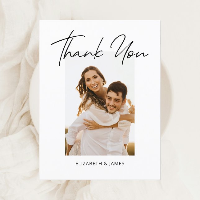 Simple Modern Handwritten  Photo Wedding Thank You Postcard (Simple Minimalist Thank You Wedding Card)