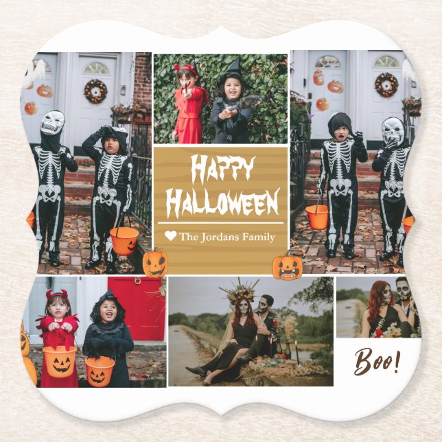 Simple Modern Happy Halloween photo family collage Paper Coaster (Front)