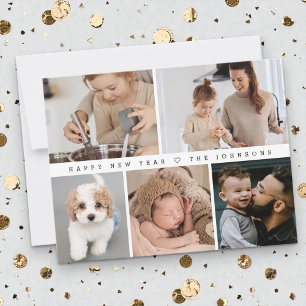 Simple Modern Happy New Year Family Photo Collage Holiday Card