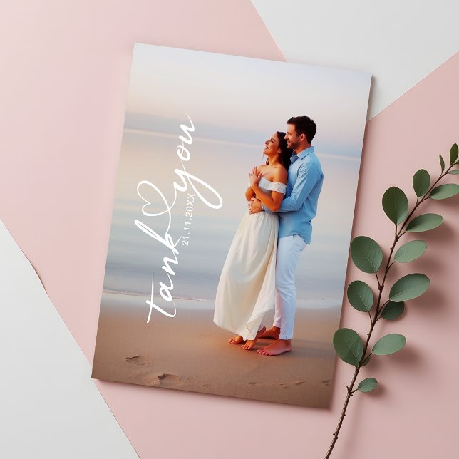 Simple Modern Heart Calligraphy Wedding Photo Thank You Card (Creator Uploaded)