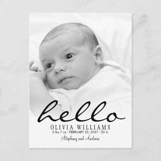 Simple Modern Hello Baby Birth Photo Postcard (Front)