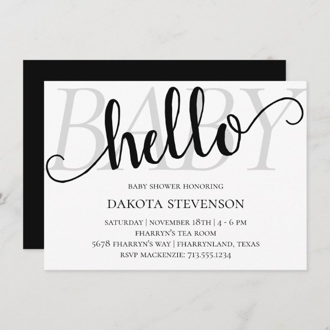 Simple Modern Hello Baby | Flourish Script Shower Invitation (Front/Back)
