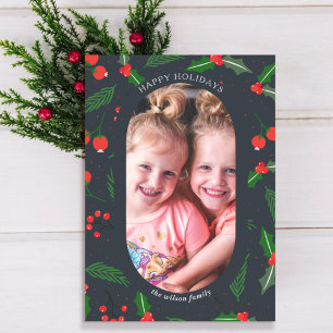Simple Modern Holly Berries Photo Holiday Postcard