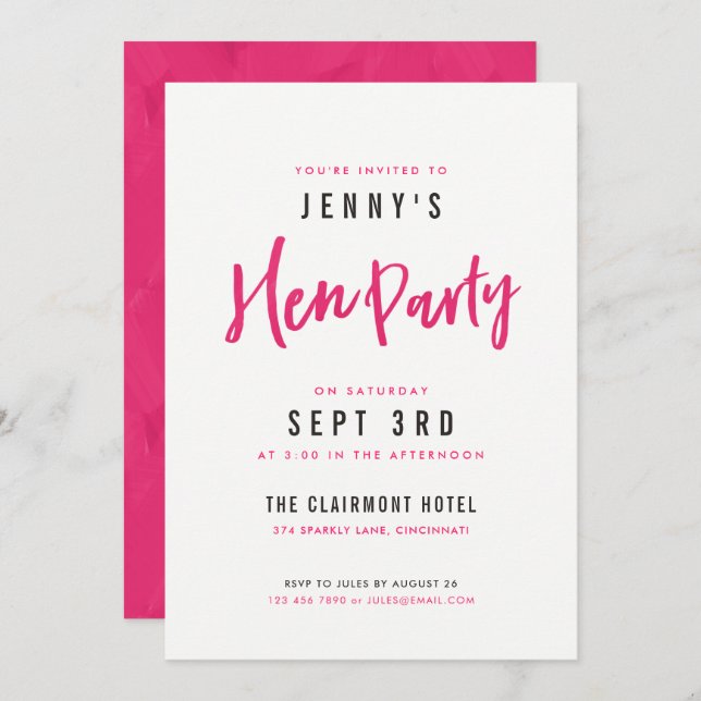 Simple Modern Hot Pink Hen Party Invites (Front/Back)