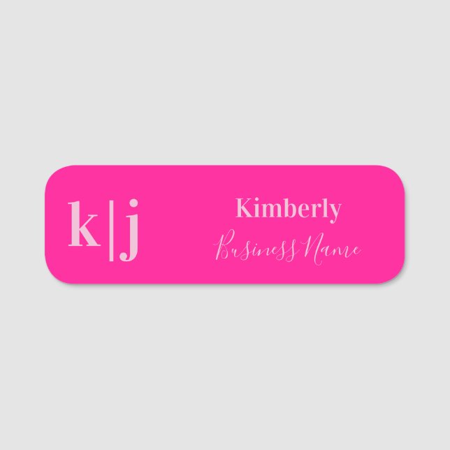 Simple Modern Hot Pink Monogram Employee Name Tag (Front)