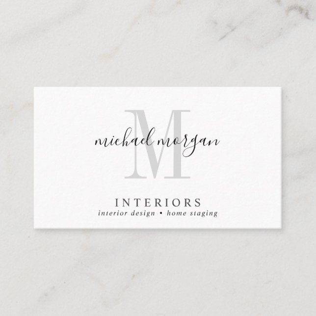 Simple Modern Interior Designer Script Monogram Business Card (Front)
