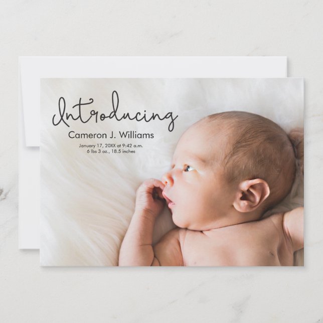Simple Modern Introducing Script Baby photo Announcement (Front)