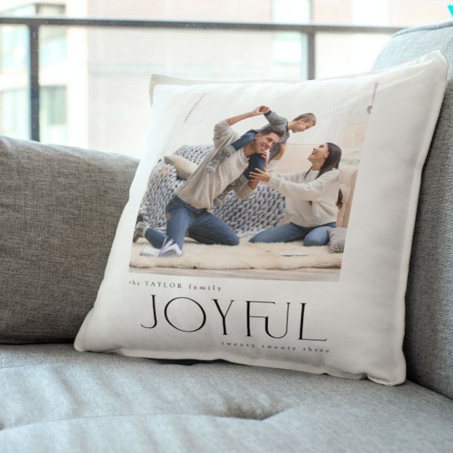 Simple Modern Joyful Family 2 Photo Christmas Cushion (Snuggle Up with Joy! Personalize Your 'Joyful' Holiday Pillow 🎄🛋️ [Add Your Photo])