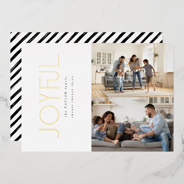 Simple Modern Joyful Family 2 Photo Christmas Gold (Front/Back)