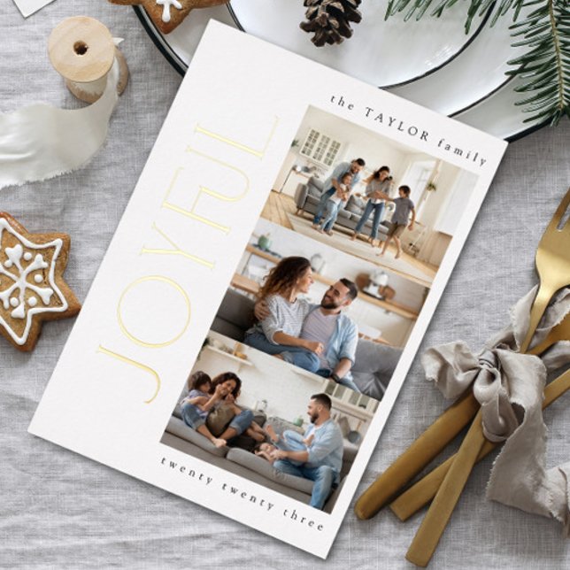 Simple Modern Joyful Family 3 Photo Christmas Gold (Creator Uploaded)