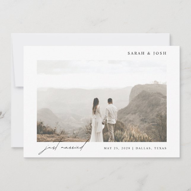 Simple Modern Just Married Script Photo Wedding Announcement (Front)