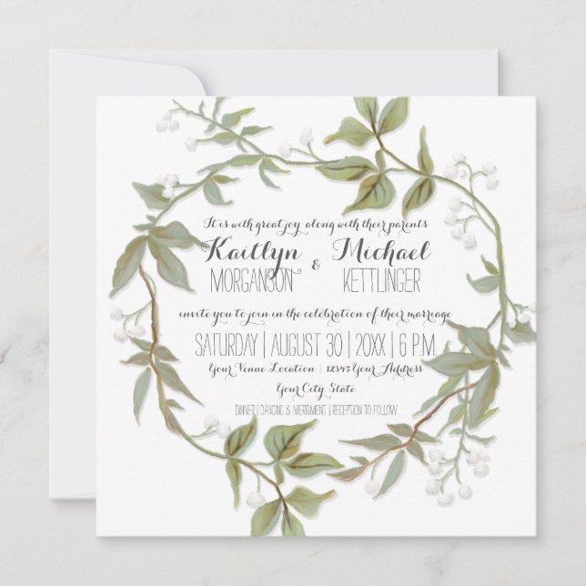 Simple Modern Laurel Leaf Wreath Babys Breath Invitation (Front)