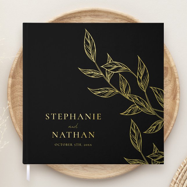 Simple Modern Leaves Black Wedding Gold Guest Book (Creator Uploaded)
