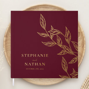 Simple Modern Leaves Burgundy Wedding Gold Guest Book