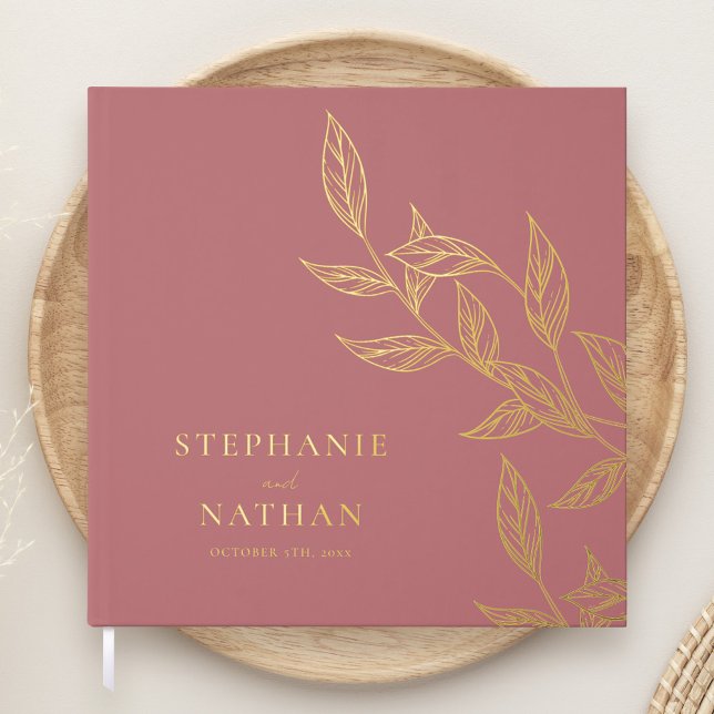 Simple Modern Leaves Dusty Rose Wedding Gold Guest Book (Creator Uploaded)