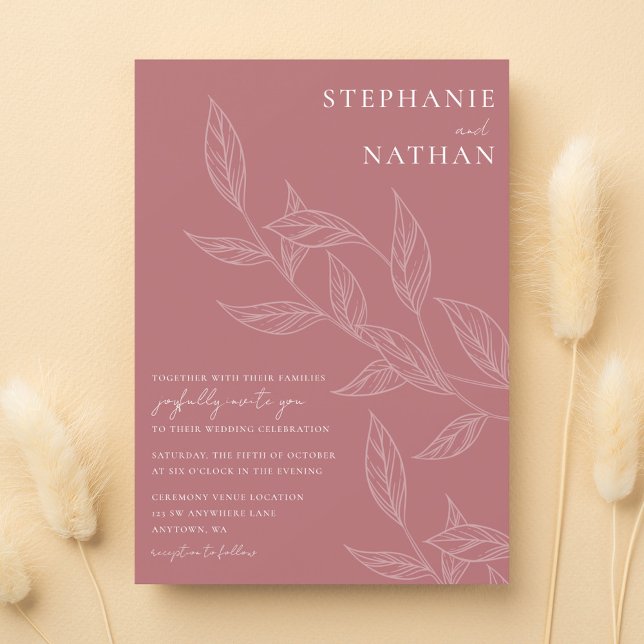 Simple Modern Leaves Dusty Rose Wedding Invitation (Creator Uploaded)