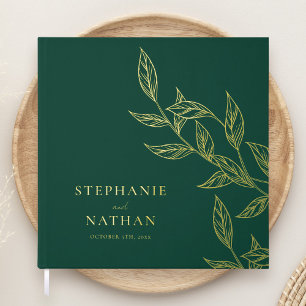 Simple Modern Leaves Emerald Green Wedding Gold Guest Book