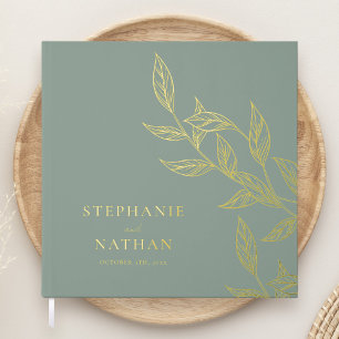 Simple Modern Leaves Sage Green Wedding Gold Guest Book
