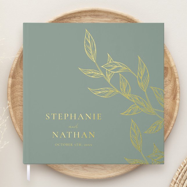 Simple Modern Leaves Sage Green Wedding Gold Guest Book (Creator Uploaded)